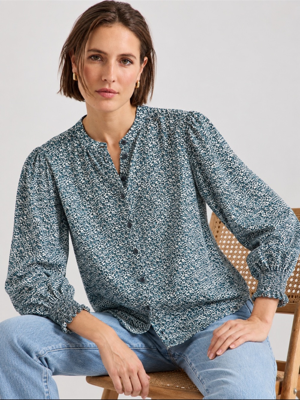 Apiece Apart Floral Organic Cotton Button Down Blouse Top with Smock Cuffs